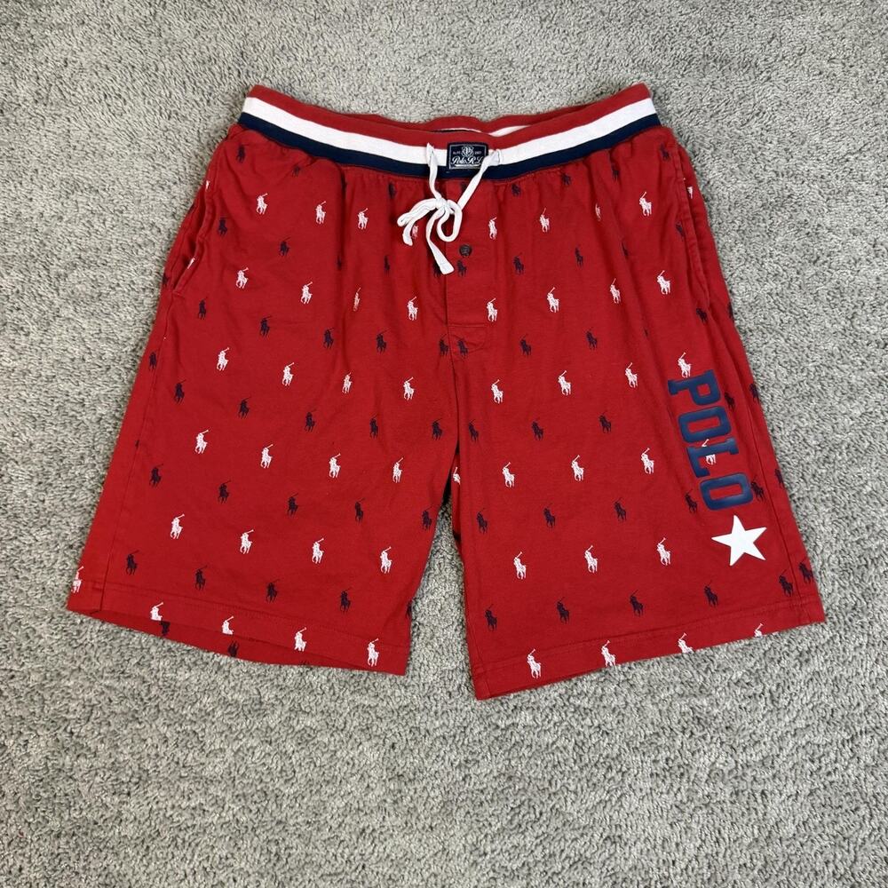 Polo Ralph Lauren Sleep Shorts Mens Large Red Pony Print Drawstring 100% Cotton